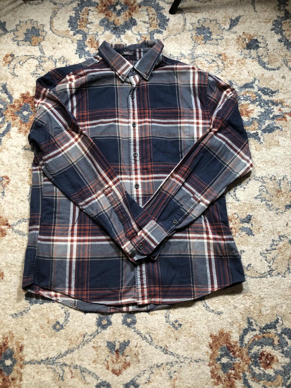 Eddie Bauer Shirt Mens Large Blue Gray Plaid Flannel Slim Fit Button Down Pocket